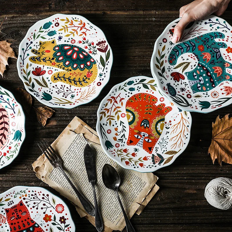 8 Inch Colorful Cat Dinner Plate Under-glazed Ceramic