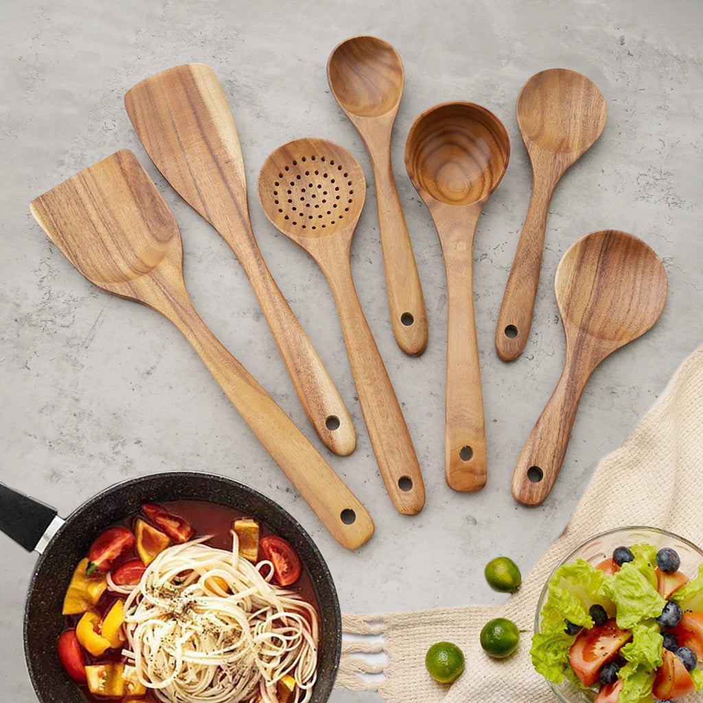 Best Wood Cooking Utensil Set Spatula Soup Spoon Brush Kit