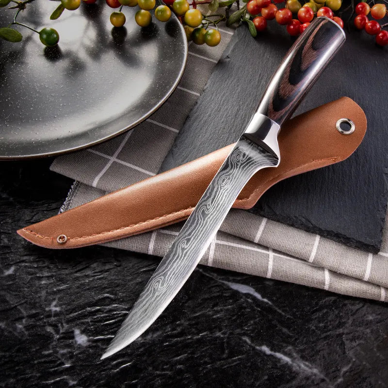 Kitchen Knife Boning Damascus Laser Pattern