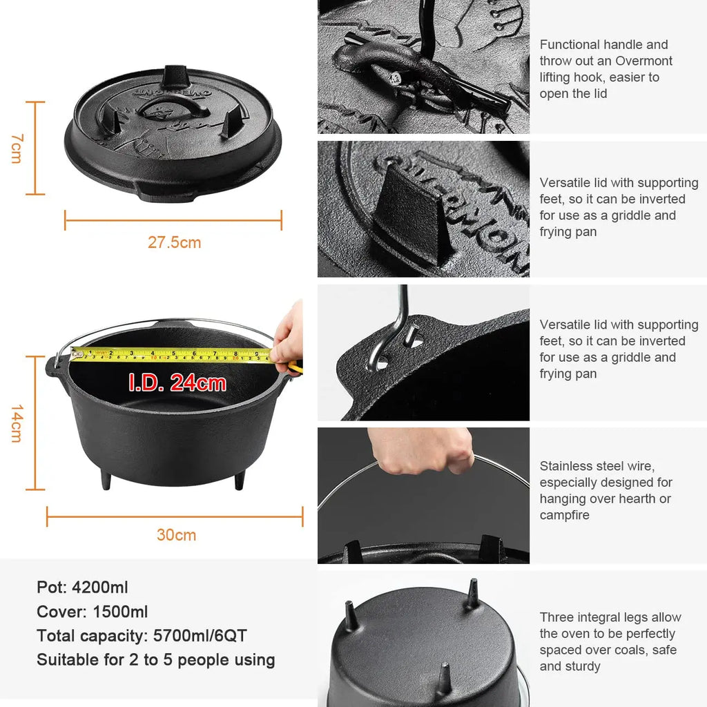 25cm Camp Dutch Oven Pre Seasoned Cast Iron Lid