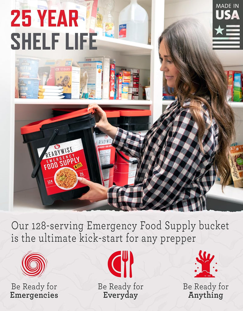 READYWISE - Emergency Food Supply, 124 Servings, 1 Bucket, Freeze-Dried, MRE, Pre-made, Survival and Adventure Essentials for Camping, Hiking & Emergencies, Individually Packaged, 25-Year Shelf Life