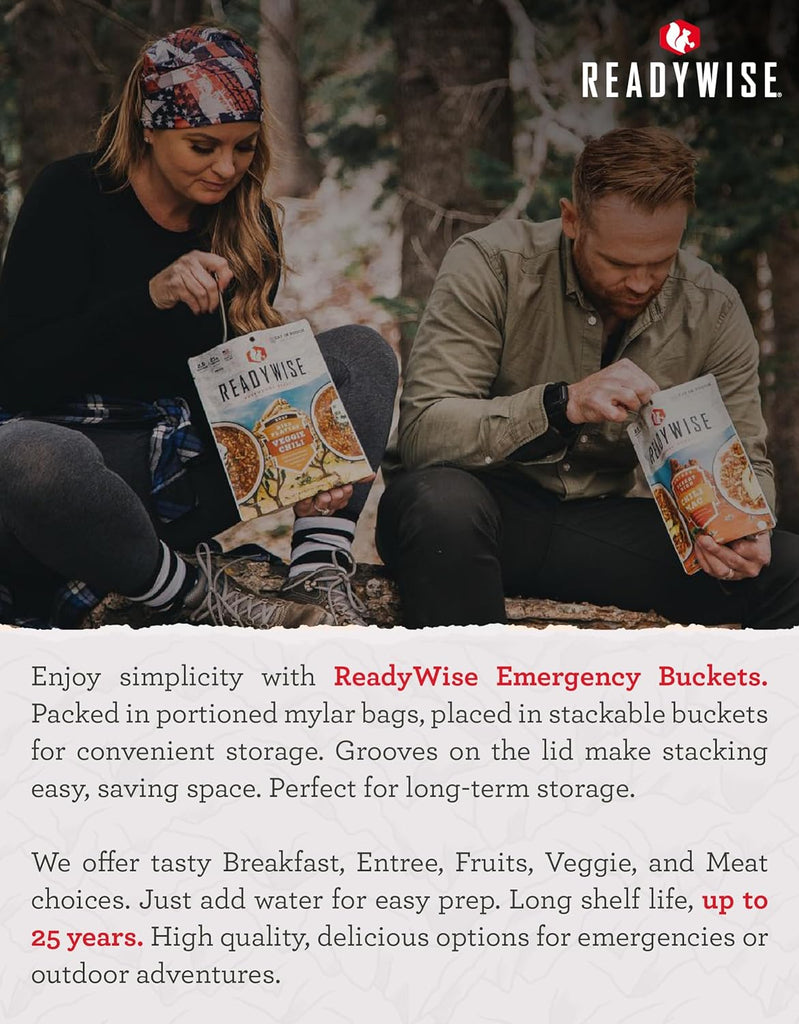 READYWISE - Emergency Food Supply, 124 Servings, 1 Bucket, Freeze-Dried, MRE, Pre-made, Survival and Adventure Essentials for Camping, Hiking & Emergencies, Individually Packaged, 25-Year Shelf Life